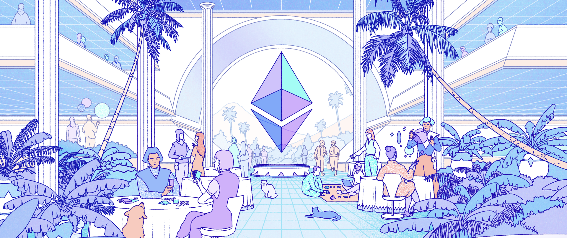 Eine Illustration einer futuristischen Stadt, die das Ethereum Ökosystem darstellt.